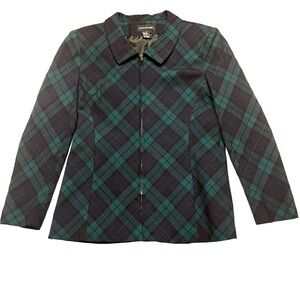 Vintage 1990’s Halston Wool Green Plaid Zip Jacket Size 14